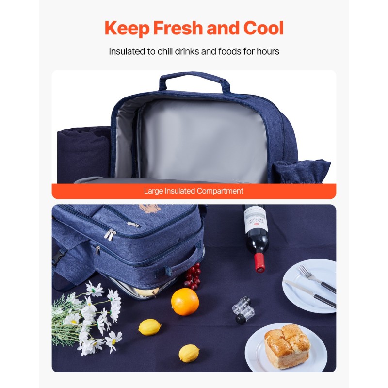 Piknik-reppu 20L 600D kangas eristetty viileäosasto neljälle hengelle sisältää peiton ja ruokailusetin