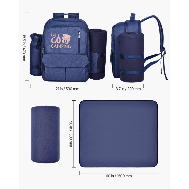 Piknik-reppu 20L 600D kangas eristetty viileäosasto neljälle hengelle sisältää peiton ja ruokailusetin