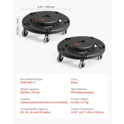 Jäteastiarulla PP-muovirunko yhteensopiva 20–55 gallonin astioille 227 kg kantavuus 2 kpl musta