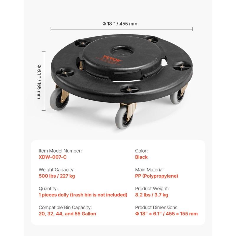 Roska-astian kuljetusalusta polypropeeni raskaaseen käyttöön 20–55 gallonaa 5 kääntyvää pyörää