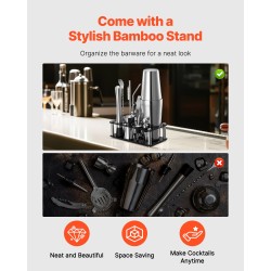 14-osainen baarisetti 304-ruostumattomasta teräksestä ja puusta akryylitelineellä kotibaarille