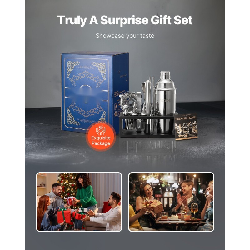 Cocktailravistinsarja 13-osainen 304-ruostumattomasta teräksestä bambutelineellä kotibaarille