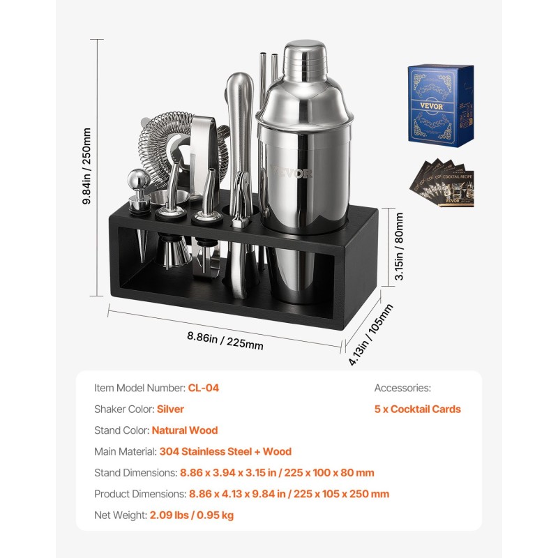 Cocktailravistinsarja 13-osainen 304-ruostumattomasta teräksestä bambutelineellä kotibaarille