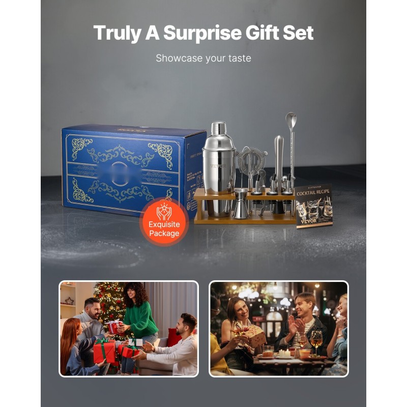 Cocktail-työkalusetti 18-osainen 304-ruostumattomasta teräksestä bambutelineellä kotiin