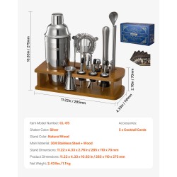 Cocktail-työkalusetti 18-osainen 304-ruostumattomasta teräksestä bambutelineellä kotiin