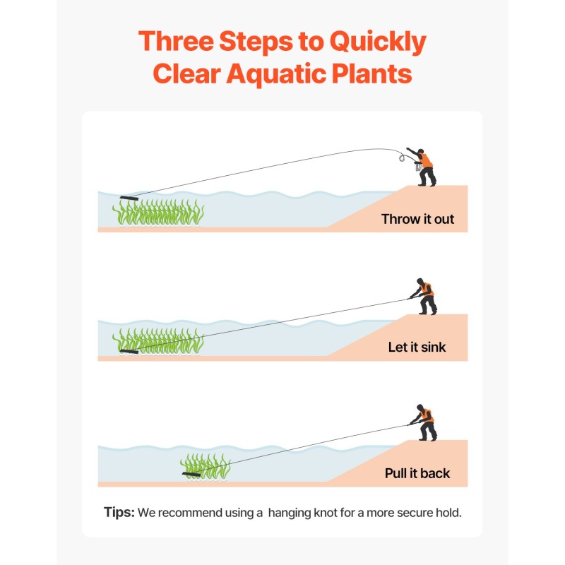 Rautainen vesikasviharava 9 m nailonköydellä 215 mm piikeillä verkkopussilla