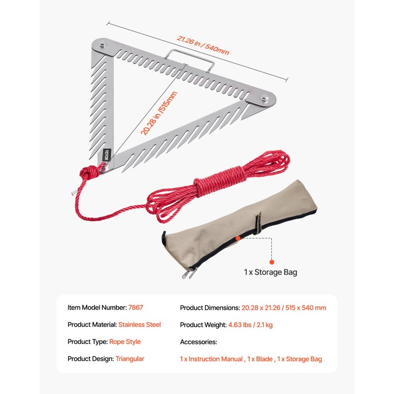 Vesikasaharava 24-tuumainen kolmisivuinen taittuva varsi ruostumaton teräs 9-metrinen köysi