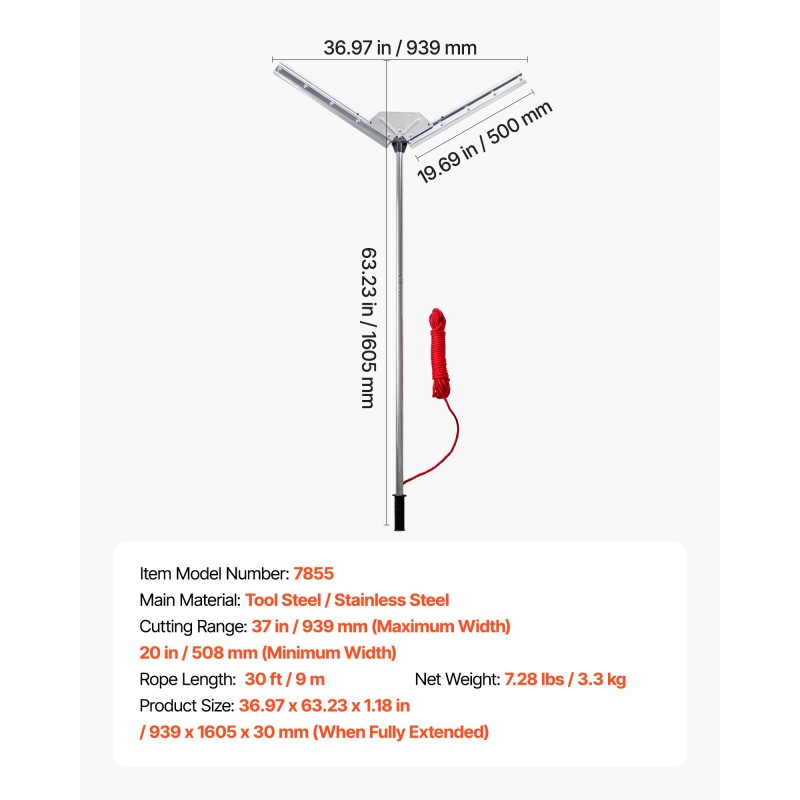 Järviruohonleikkuri ja harava ruostumaton teräsvarsi karkaistut terät 508–939 mm 9 m köysi