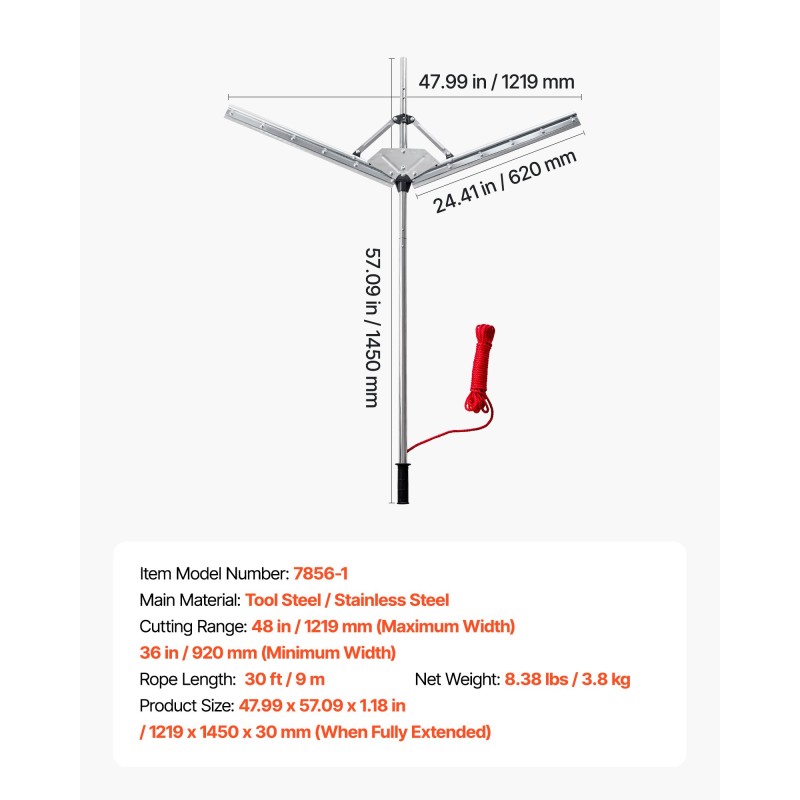 Järviruohonleikkuri ja harava ruostumatonta terästä säädettävä 920–1219 mm nailonköysi 9 m