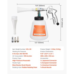 Paineilmatoiminen puhdistuspistooli autojen puhdistukseen yhden litran säiliöllä kaksi suutinta 6–9,2 bar