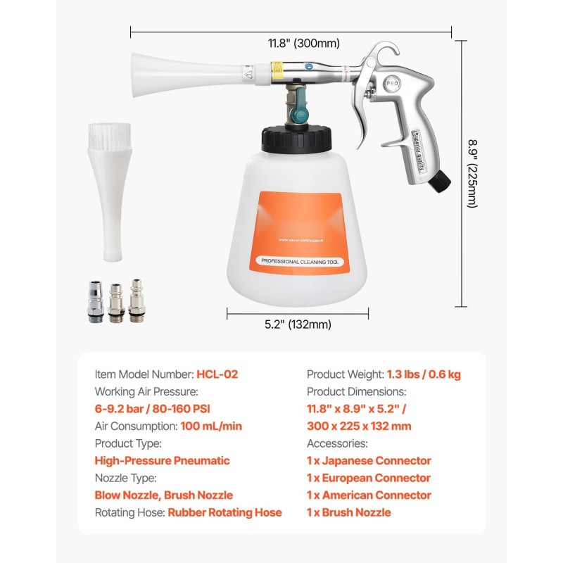 Paineilmatoiminen puhdistuspistooli autojen puhdistukseen yhden litran säiliöllä kaksi suutinta 6–9,2 bar