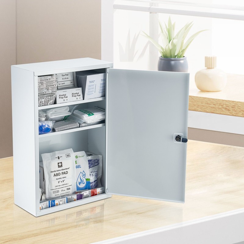 Seinälle asennettava metallinen ensiapukaappi kylmävalssattu teräs 3 hyllyä 1000 ensiaputarviketta