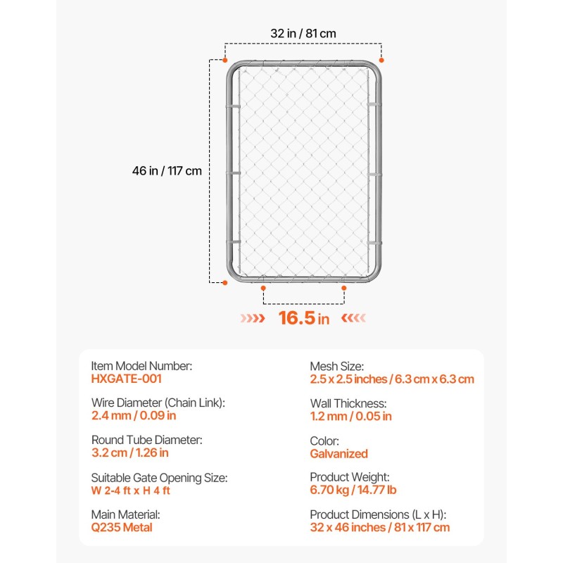 Ketjuaidan porttipaneeli galvanoitu Q235-metalli säädettävä leveys 61–183 cm korkeus 117 cm