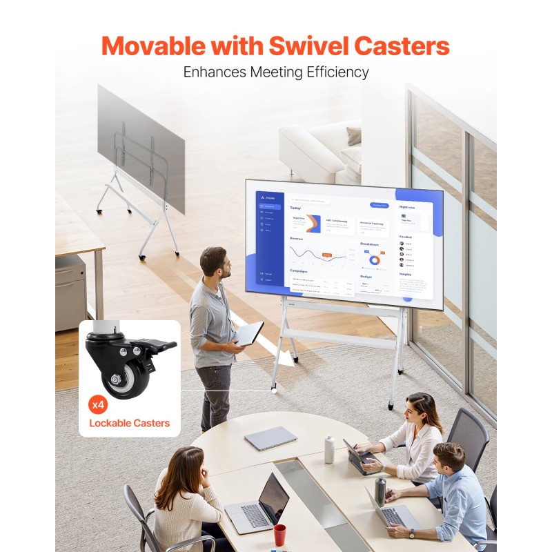 Manuaalinen teräslattiateline televisiolle 35–100 tuuman korkeussäädettävä pyörillä 90 kg kantavuus