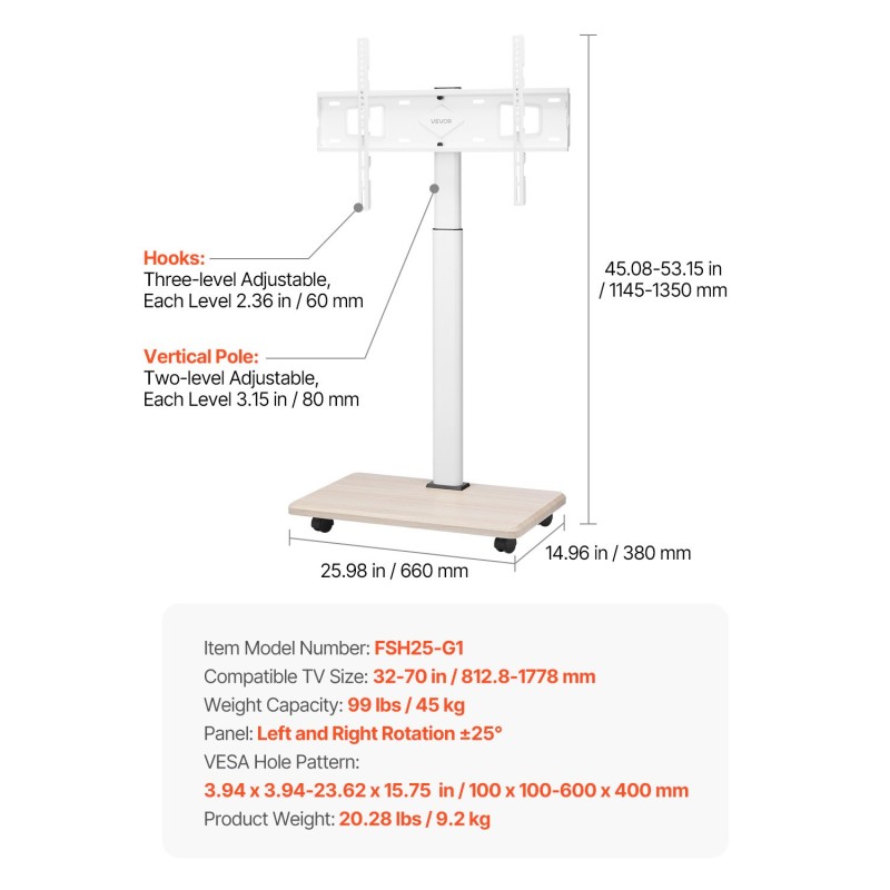 Manuaalinen teräslattiateline televisiolle 32–70 tuumaa 45 kg siirrettävä pyörillä