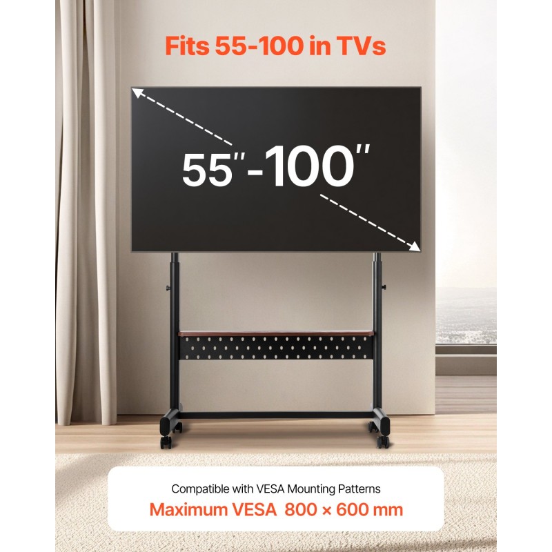 Manuaalinen lattiateline televisiolle teräs 55–100 tuuman pyörillä VESA 800 x 600 mm