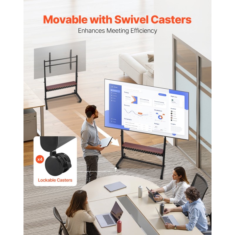 Manuaalinen lattiateline televisiolle teräs 55–100 tuuman pyörillä VESA 800 x 600 mm