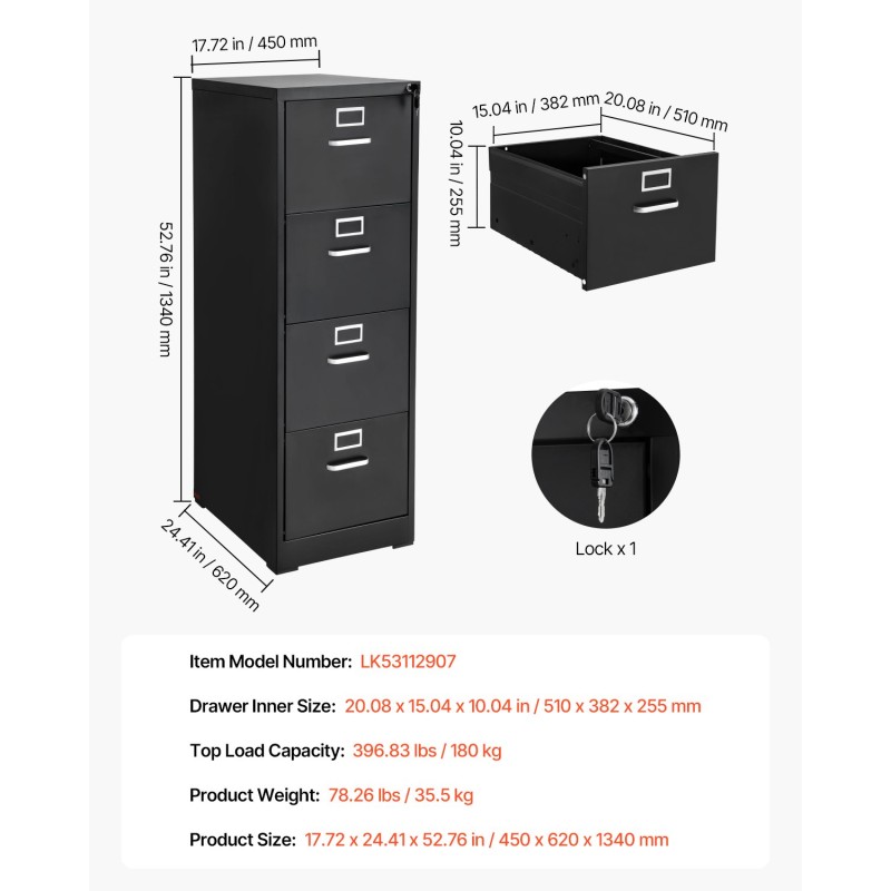 Pystykaappi metallinen 4 laatikkoa lukittava eri asiakirjakokoille