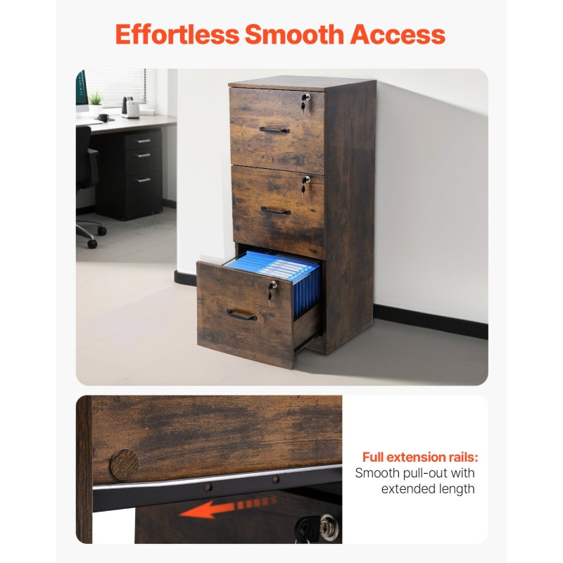 Pystysuuntainen arkistokaappi 3-laatikkoinen lukittava säädettävällä ripustuskiskolla koti- ja toimistokäyttöön