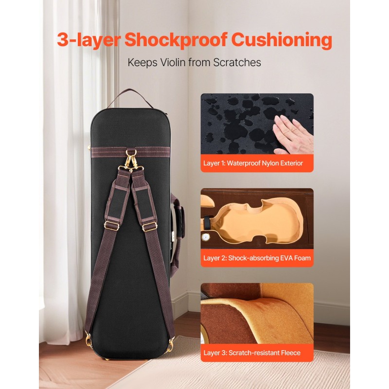 Viulukotelo 4/4 kokoinen kestävä nailonkangas plyyshinen sisus sisäänrakennettu hygrometri kaksinkertaiset olkahihnat