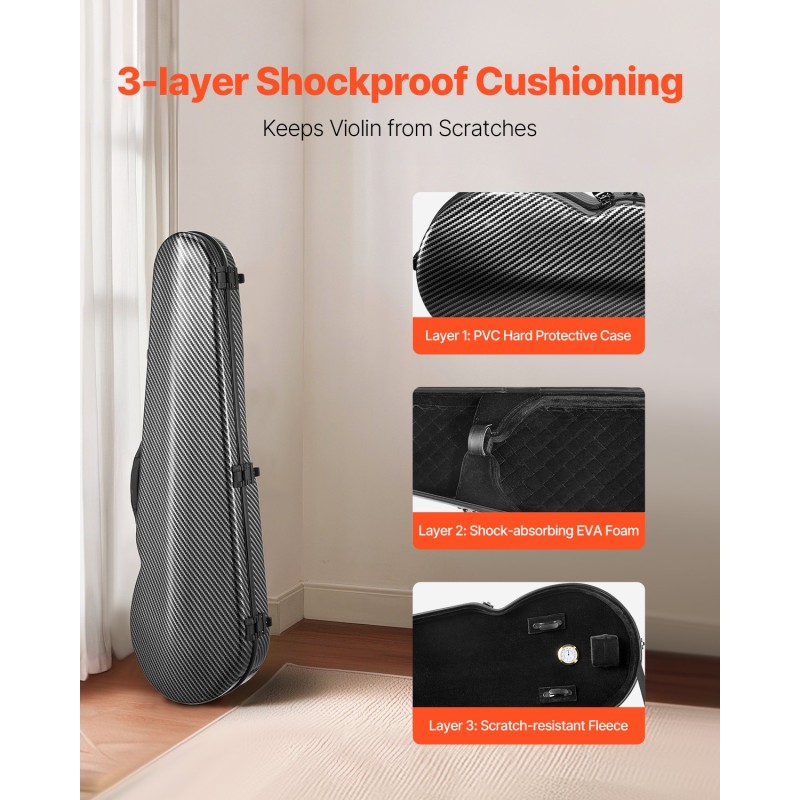 4/4-kokoinen viulukotelo komposiittipinnalla plyysivuorella sisäänrakennetulla kosteusmittarilla kaksinkertaisilla olkahihnoilla