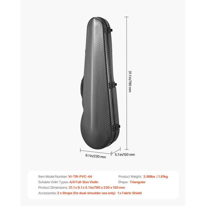 4/4-kokoinen viulukotelo komposiittipinnalla plyysivuorella sisäänrakennetulla kosteusmittarilla kaksinkertaisilla olkahihnoilla