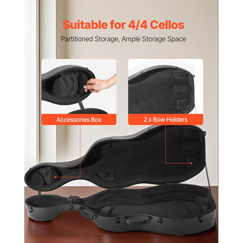 Sellokotelo 4/4-koko komposiittinen hiilikuitupinta pehmeä sisäverhous musta olkahihnat