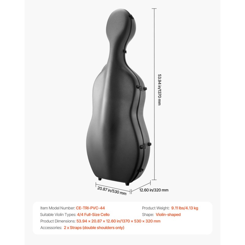 Sellokotelo 4/4-koko komposiittinen hiilikuitupinta pehmeä sisäverhous musta olkahihnat