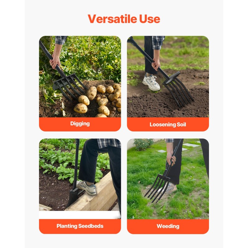 Puutarhatalikko raskaan käytön 5-piikkinen taottu teräspää 1050 mm metallivarsi ergonominen Y-kahva