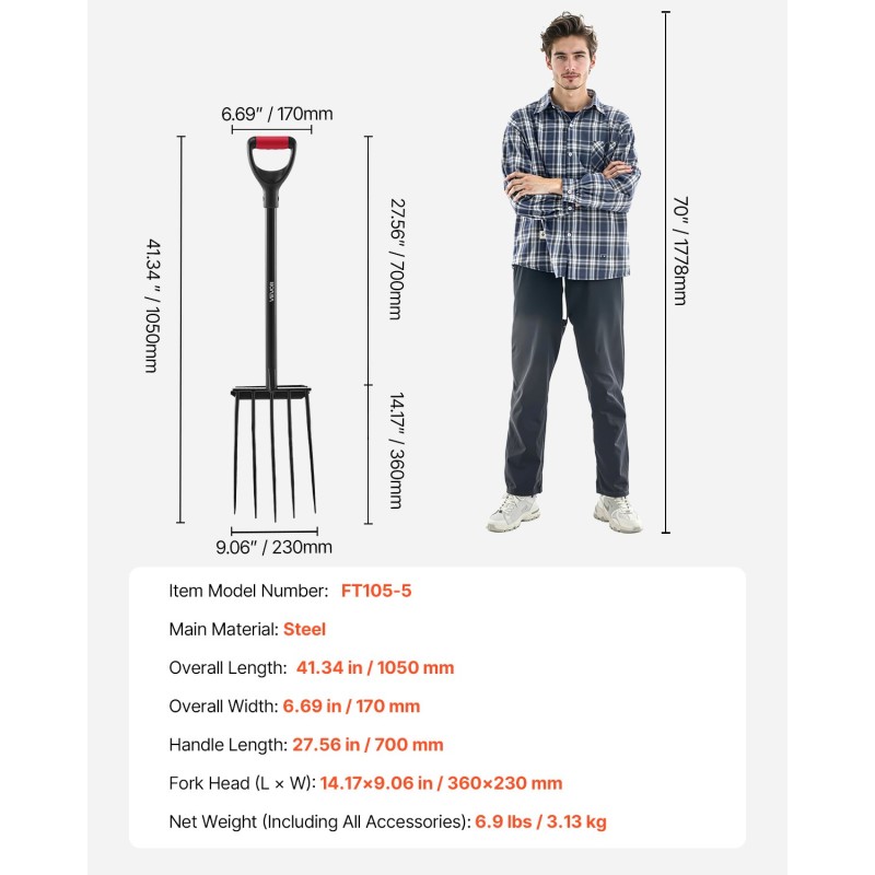Puutarhatalikko raskaan käytön 5-piikkinen taottu teräspää 1050 mm metallivarsi ergonominen Y-kahva