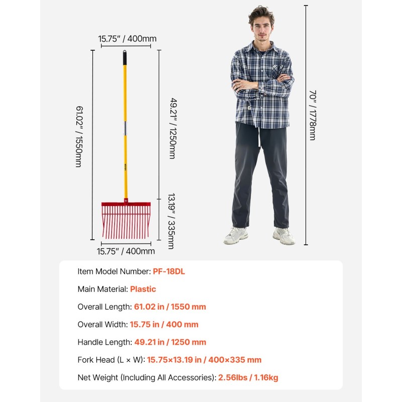 Lanta- ja puutarhahaarukka 18 piikkiä lasikuitukahvalla muovinen haarukanpää 155 cm
