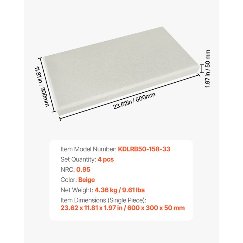 Akustiset seinäpaneelit 4 kpl 600x300x50 mm beige lasikuitu 3M-itseliimautuva