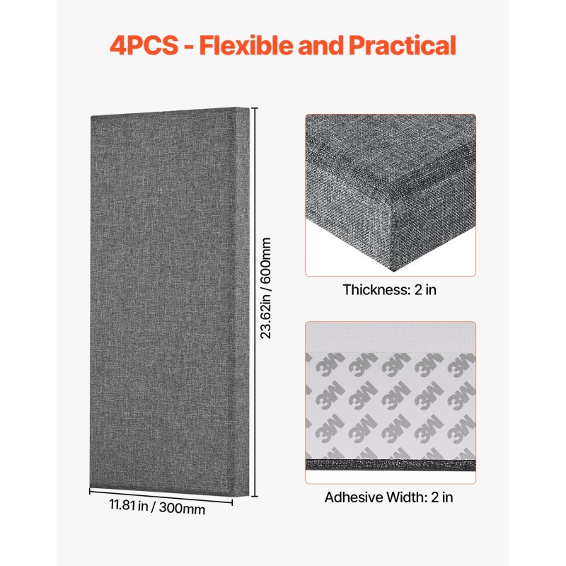 Akustiikkapaneelit 100-prosenttinen lasikuituvuoraus 50 mm paksu 600×300 mm 4 kpl harmaa