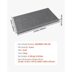 Akustiikkapaneelit 100-prosenttinen lasikuituvuoraus 50 mm paksu 600×300 mm 4 kpl harmaa