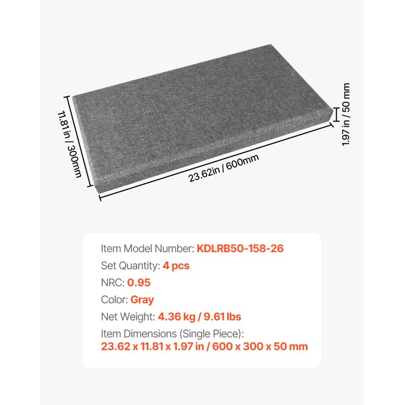Akustiikkapaneelit 100-prosenttinen lasikuituvuoraus 50 mm paksu 600×300 mm 4 kpl harmaa