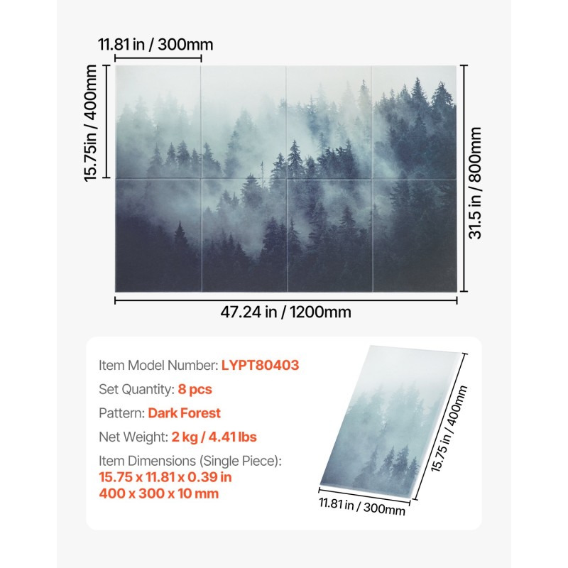 Akustiikkapaneelit polyesterikuituiset 8 kpl 400×300×10 mm itsekiinnittyvät metsäkuosi