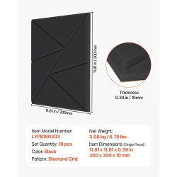 Akustiikkapaneelit polyesterikuitu itsekiinnittyvä tausta 300×300×10 mm 18 kpl musta