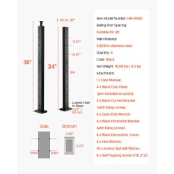 Kaapelikaidepylväät 4 kpl SUS304-ruostumatonta terästä 36x1x2 tuumaa musta