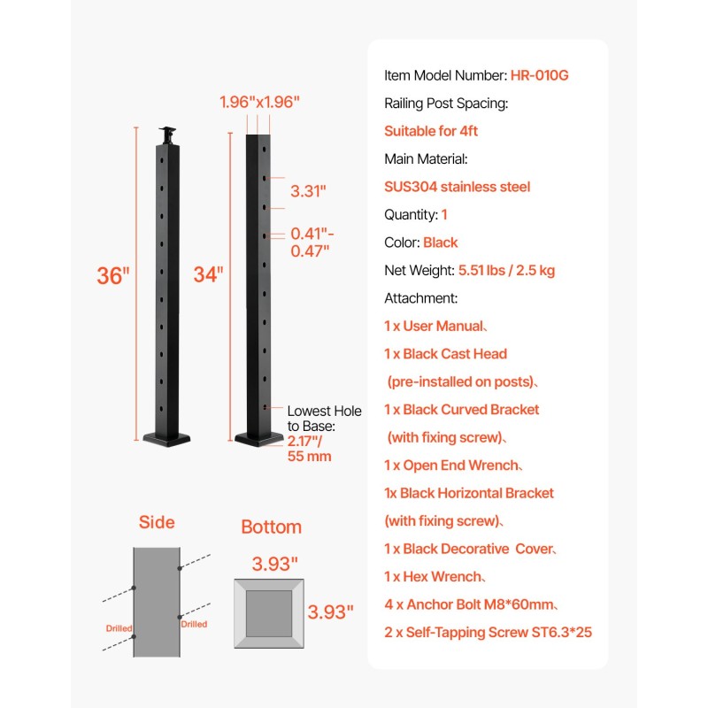 Johdotettu kaidetolppa portaisiin SUS304-ruostumattomasta teräksestä 36x2x2-tuumainen musta 1 kpl