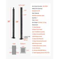 Kaapelikäsijohteen tolppa SUS304 ruostumaton teräs 36 tuumaa musta 1 kpl