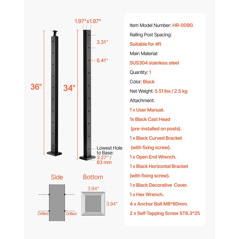 Kaapelikäsijohteen tolppa SUS304 ruostumaton teräs 36 tuumaa musta 1 kpl