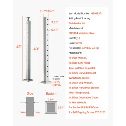 Kaidepylväs ruostumatonta terästä SUS304 106,7 cm reikävälillä 80 mm