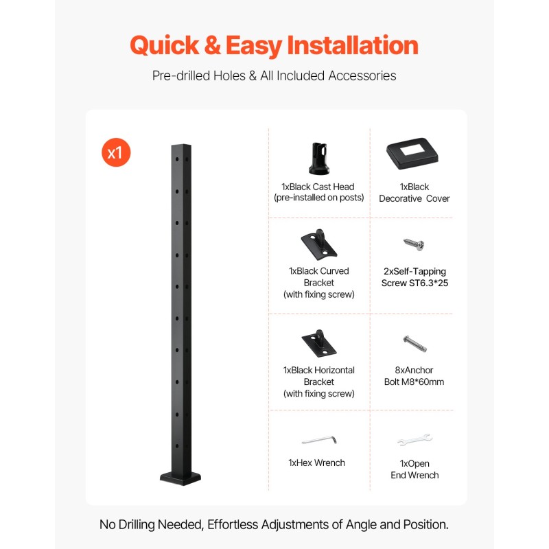 Kulmatolppa kaidevaijereille SUS304-ruostumaton teräs mitat 36x1x2 tuumaa musta