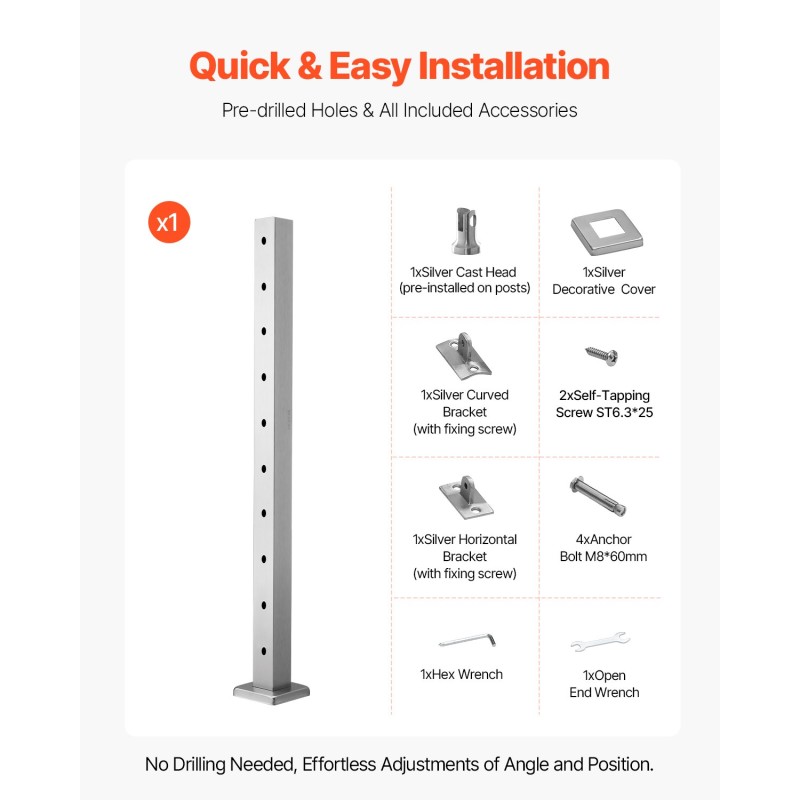 Kaidepylväs SUS304-ruostumatonta terästä 36x2x2-tuumainen esiporattu 3 tuuman reikäväli kaiteisiin 1 kpl