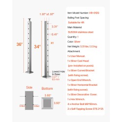 Kaidepylväs SUS304-ruostumatonta terästä 36x2x2-tuumainen esiporattu 3 tuuman reikäväli kaiteisiin 1 kpl