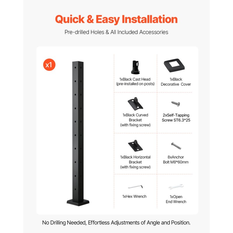 Kaapelikaiteen kulmatolppa SUS304 ruostumaton teräs 914,4 mm musta 1 kpl