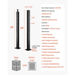 Kaapelikaiteen kulmatolppa SUS304 ruostumaton teräs 914,4 mm musta 1 kpl