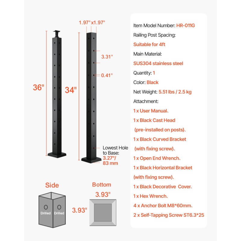 Kaapelikaiteen kulmatolppa SUS304 ruostumaton teräs 914,4 mm musta 1 kpl