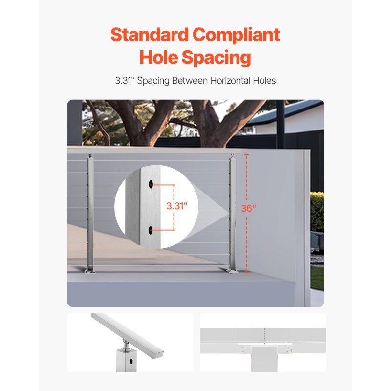 Kaapelikäsijohteen pylväs ruostumaton teräs 91,4 cm esiporatut reiät jauhemaalattu hopea