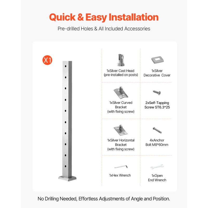 Kaapelikäsijohteen pylväs ruostumaton teräs 91,4 cm esiporatut reiät jauhemaalattu hopea